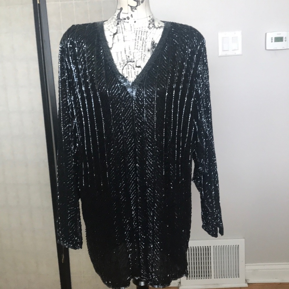 Judith Ann Vintage Silk Formal Evening Bead Crystal Plus Embellished long sleeve